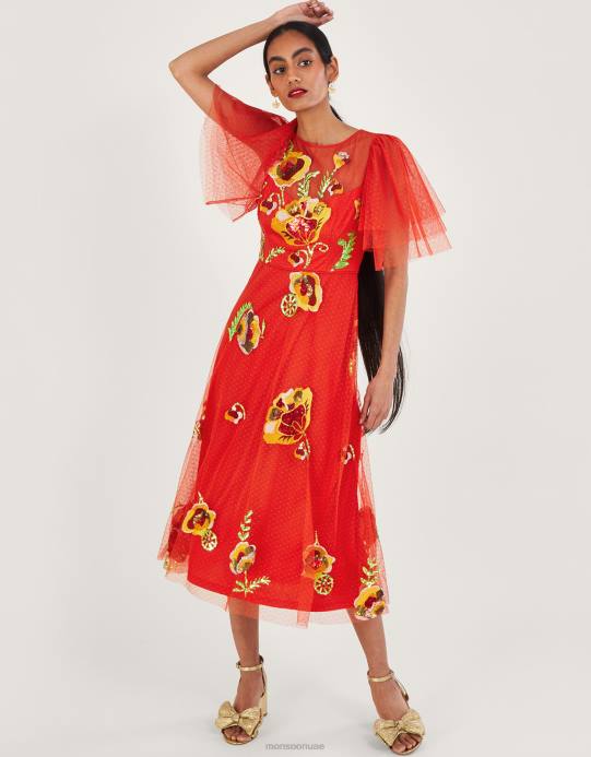 Monsoon نحيف فستان كلوديا ميدي مزين D68H764 ملابس أحمر