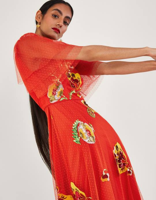 Monsoon نحيف فستان كلوديا ميدي مزين D68H764 ملابس أحمر