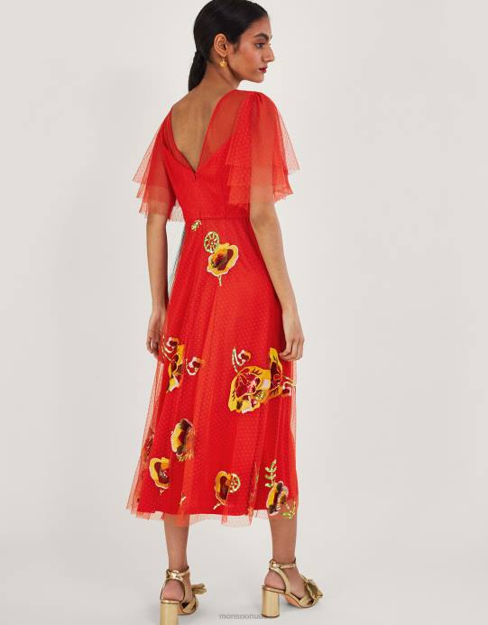 Monsoon نحيف فستان كلوديا ميدي مزين D68H764 ملابس أحمر