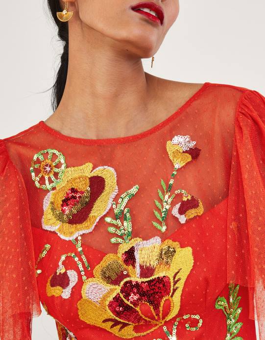 Monsoon نحيف فستان كلوديا ميدي مزين D68H764 ملابس أحمر