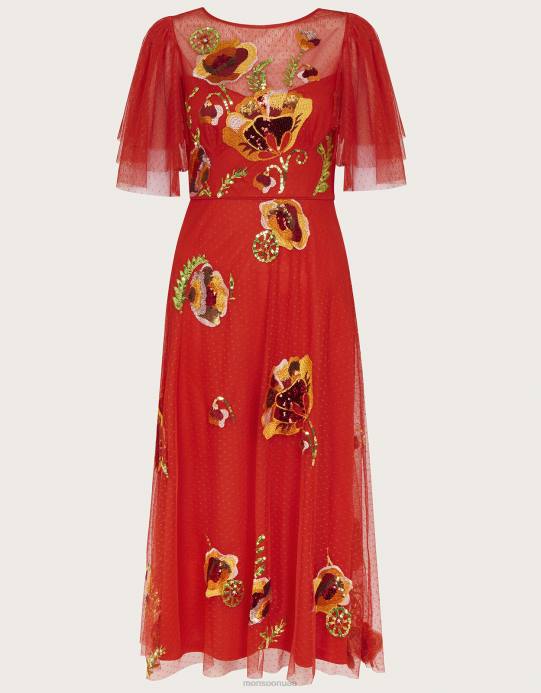 Monsoon نحيف فستان كلوديا ميدي مزين D68H764 ملابس أحمر