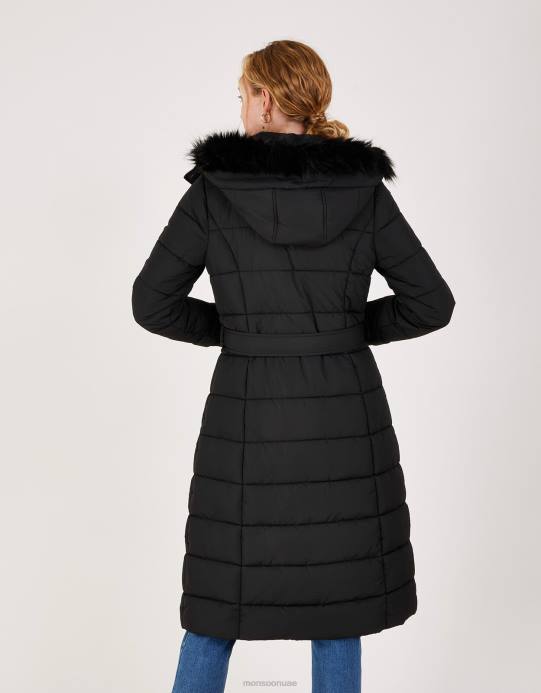 Monsoon نحيف معطف روكسي مبطن بحزام مع بوليستر معاد تدويره D68H765 ملابس أسود