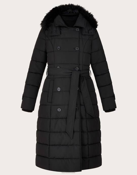 Monsoon نحيف معطف روكسي مبطن بحزام مع بوليستر معاد تدويره D68H765 ملابس أسود