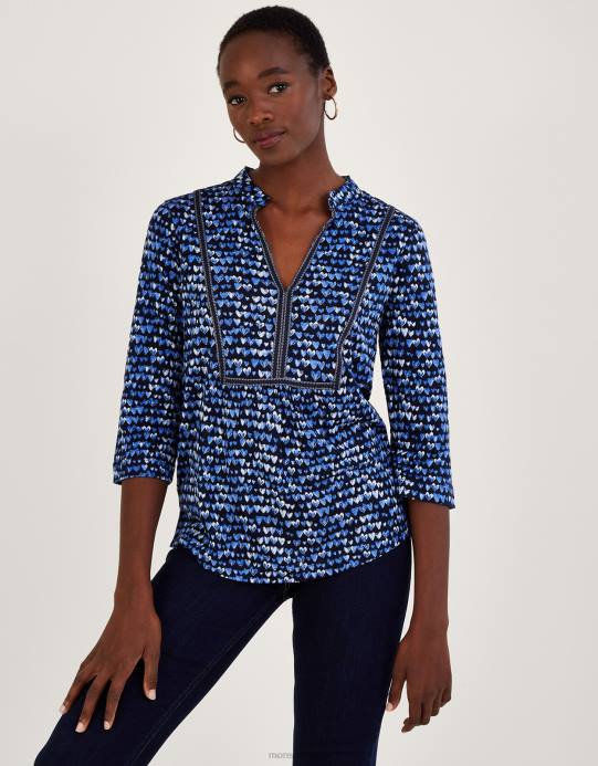 Monsoon نحيف جزء علوي من الكتان بطبعة قلب D68H766 ملابس أزرق