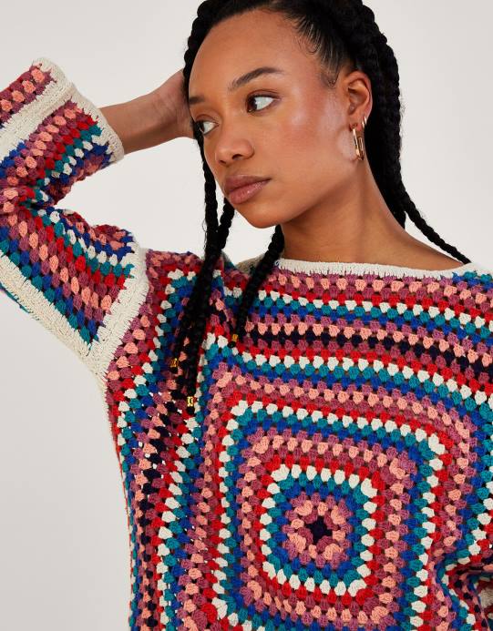 Monsoon نحيف كنزة كروشيه مربعة من القطن المستدام D68H768 ملابس عاج