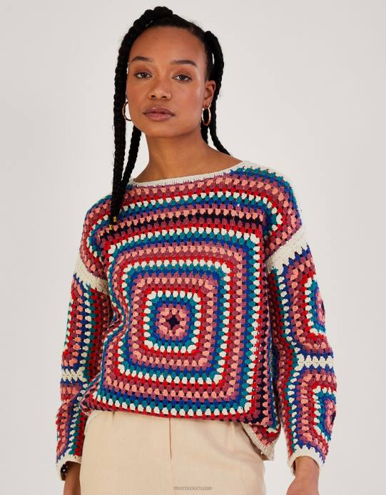 Monsoon نحيف كنزة كروشيه مربعة من القطن المستدام D68H768 ملابس عاج