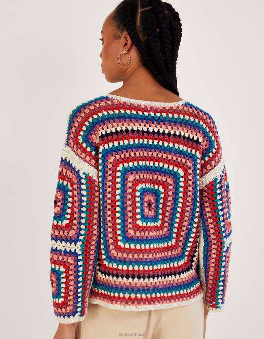 Monsoon نحيف كنزة كروشيه مربعة من القطن المستدام D68H768 ملابس عاج