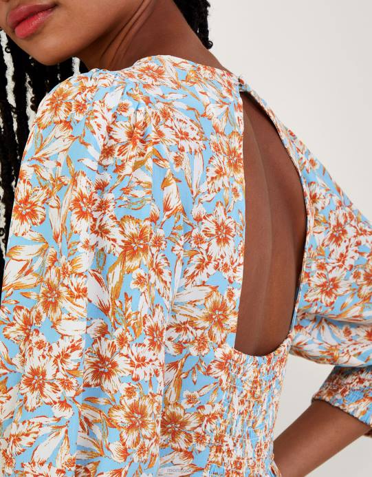 Monsoon نحيف فستان شاي بطبعة زهور من كيفا مصنوع من الفيسكوز المستدام D68H770 ملابس أزرق