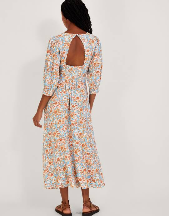 Monsoon نحيف فستان شاي بطبعة زهور من كيفا مصنوع من الفيسكوز المستدام D68H770 ملابس أزرق