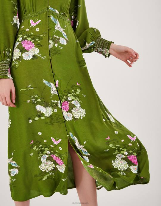 Monsoon نحيف فستان شاي بطبعات زهور مصنوع من الفيسكوز المستدام D68H777 ملابس أخضر