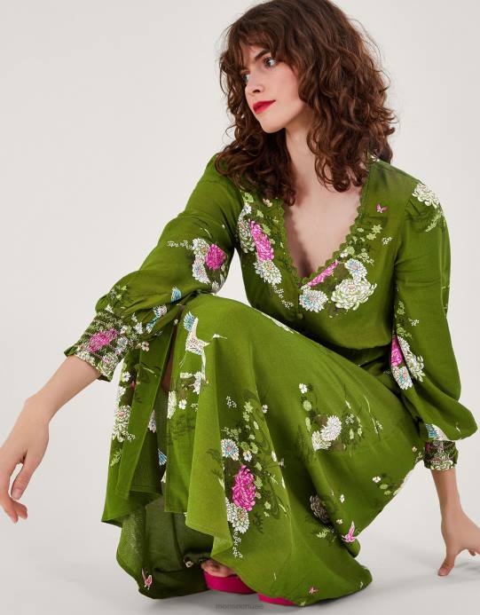 Monsoon نحيف فستان شاي بطبعات زهور مصنوع من الفيسكوز المستدام D68H777 ملابس أخضر