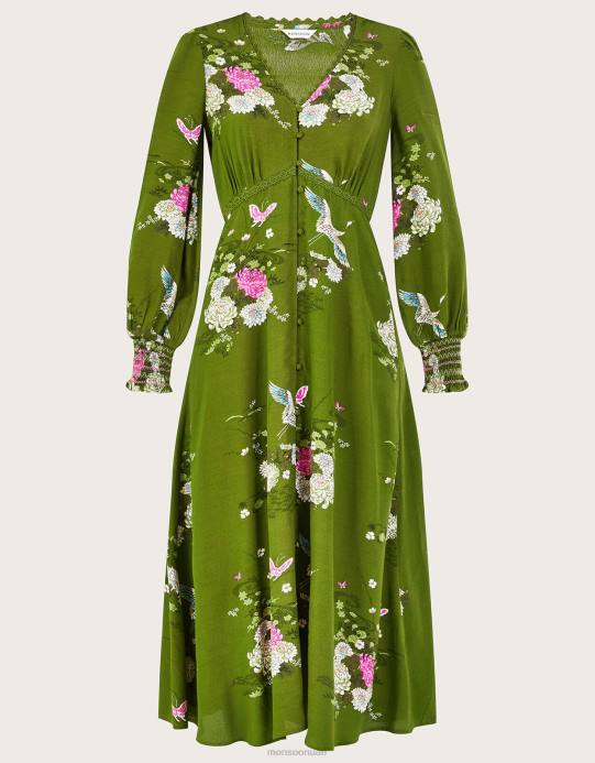 Monsoon نحيف فستان شاي بطبعات زهور مصنوع من الفيسكوز المستدام D68H777 ملابس أخضر
