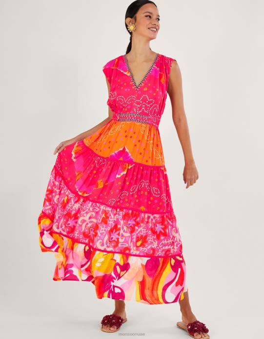 Monsoon نحيف فستان بانداني متوسط ​​الطول بطبعة متباينة من لينزينج إيكوفيرو D68H779 ملابس أحمر