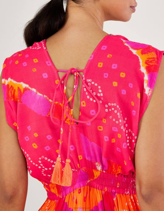 Monsoon نحيف فستان بانداني متوسط ​​الطول بطبعة متباينة من لينزينج إيكوفيرو D68H779 ملابس أحمر