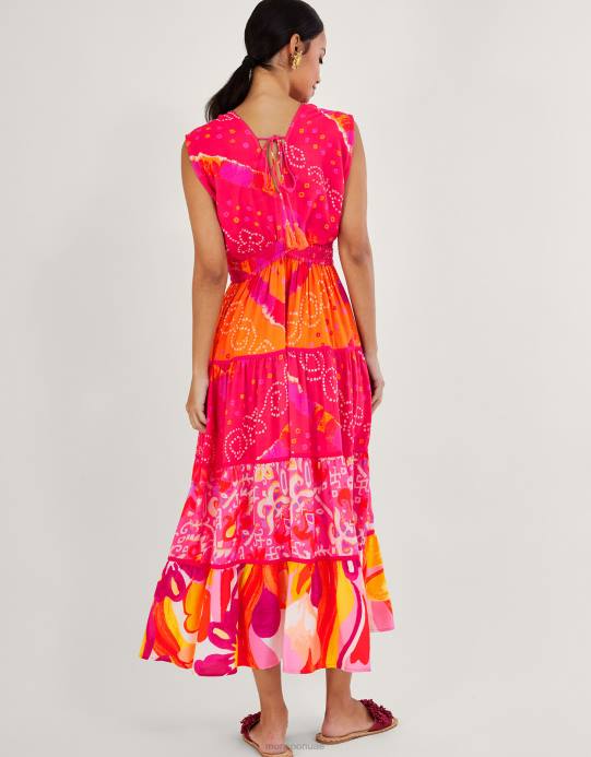 Monsoon نحيف فستان بانداني متوسط ​​الطول بطبعة متباينة من لينزينج إيكوفيرو D68H779 ملابس أحمر