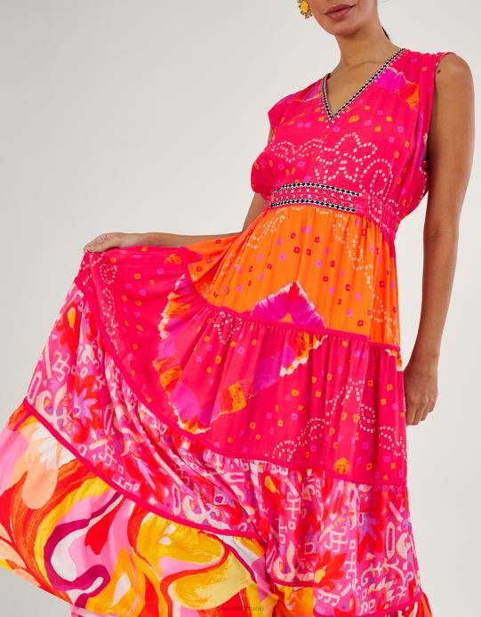 Monsoon نحيف فستان بانداني متوسط ​​الطول بطبعة متباينة من لينزينج إيكوفيرو D68H779 ملابس أحمر