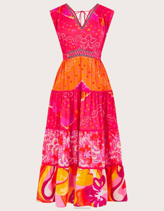 Monsoon نحيف فستان بانداني متوسط ​​الطول بطبعة متباينة من لينزينج إيكوفيرو D68H779 ملابس أحمر