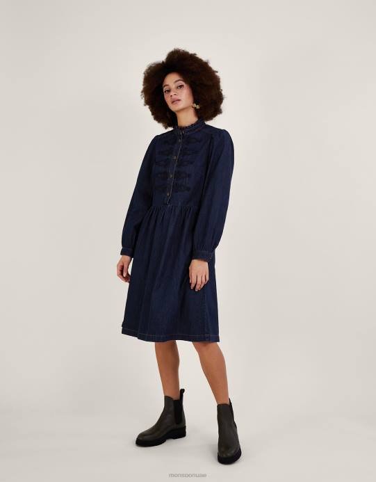 Monsoon نحيف فستان بطول الركبة من الدنيم البحري مصنوع من القطن المستدام D68H780 ملابس الأزرق (الدنيم الأزرق)