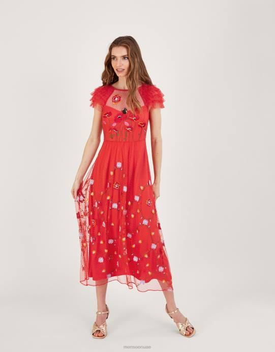 Monsoon نحيف فستان أوكتافيا ميدي مطرز D68H785 ملابس أحمر