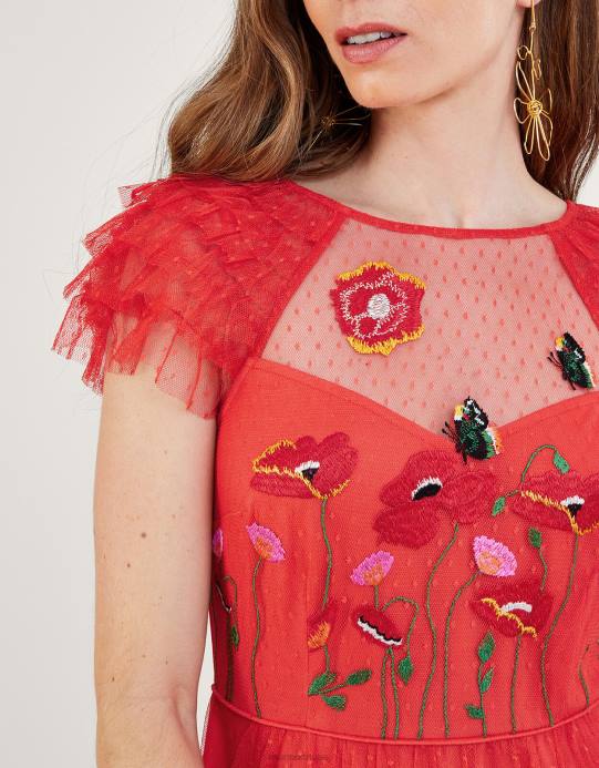 Monsoon نحيف فستان أوكتافيا ميدي مطرز D68H785 ملابس أحمر