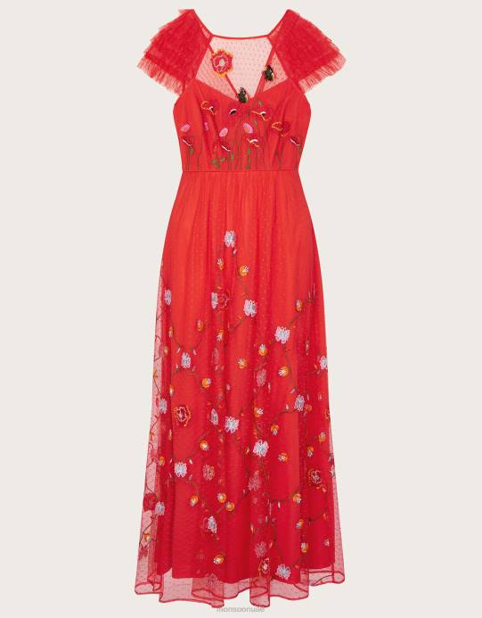Monsoon نحيف فستان أوكتافيا ميدي مطرز D68H785 ملابس أحمر