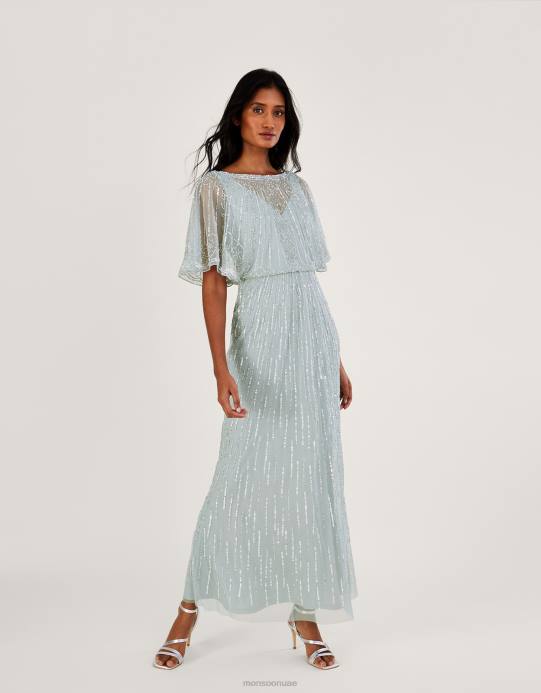 Monsoon نحيف فستان إليزابيث طويل مزين من البوليستر المعاد تدويره D68H787 ملابس أخضر