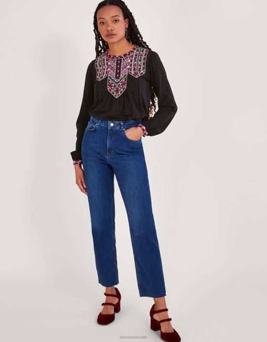 Monsoon نحيف قميص جيرسي مطرز D68H78 ملابس أسود