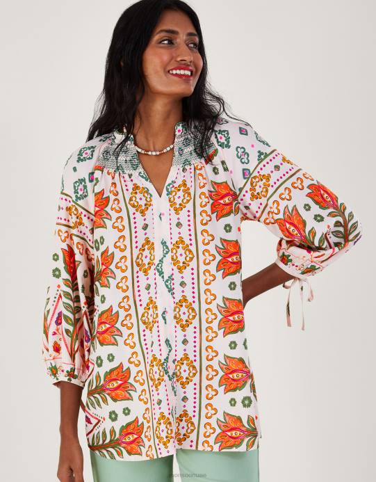 Monsoon نحيف بلوزة مكشكشة بطبعة من لينزينج إيكوفيرو D68H791 ملابس عاج