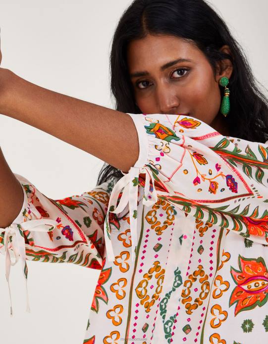 Monsoon نحيف بلوزة مكشكشة بطبعة من لينزينج إيكوفيرو D68H791 ملابس عاج