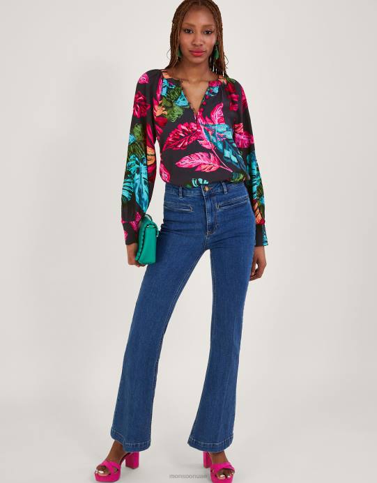 Monsoon نحيف بلوزة بريا بطبعة النخيل من الفيسكوز المستدام D68H795 ملابس الأزرق (منتصف الليل)