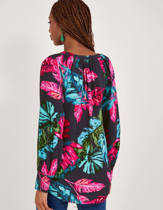 Monsoon نحيف بلوزة بريا بطبعة النخيل من الفيسكوز المستدام D68H795 ملابس الأزرق (منتصف الليل)