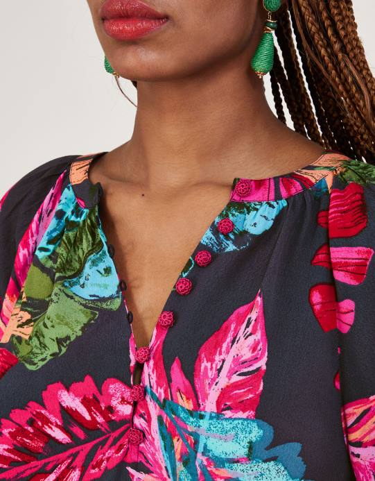 Monsoon نحيف بلوزة بريا بطبعة النخيل من الفيسكوز المستدام D68H795 ملابس الأزرق (منتصف الليل)