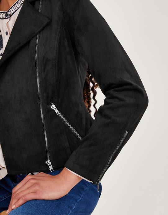 Monsoon نحيف سترة راكب الدراجة النارية من جلد الغزال D68H7 ملابس أسود