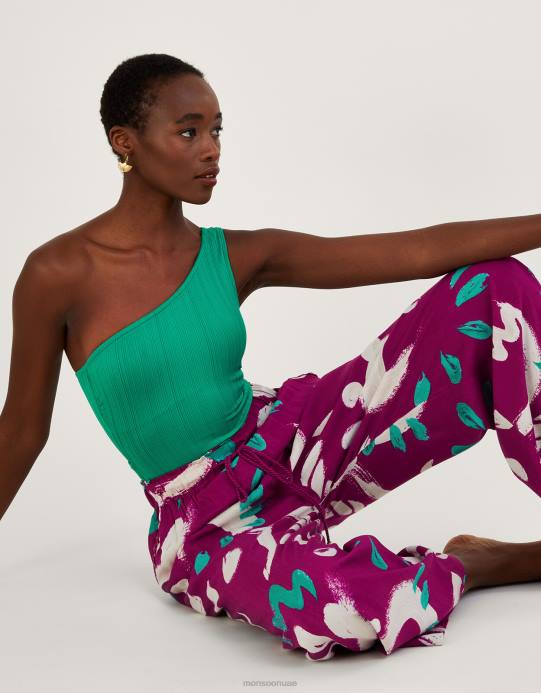 Monsoon نحيف بنطال واسع الأرجل بطبعة فرشاة مجردة D68H805 ملابس وردي غامق