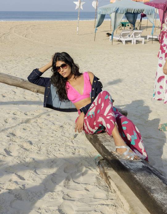 Monsoon نحيف بنطال واسع الأرجل بطبعة فرشاة مجردة D68H805 ملابس وردي غامق