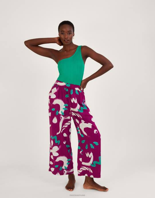 Monsoon نحيف بنطال واسع الأرجل بطبعة فرشاة مجردة D68H805 ملابس وردي غامق