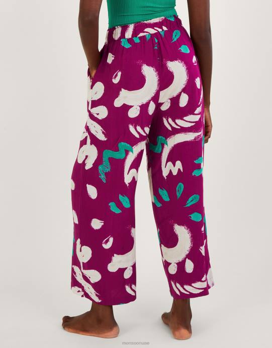 Monsoon نحيف بنطال واسع الأرجل بطبعة فرشاة مجردة D68H805 ملابس وردي غامق