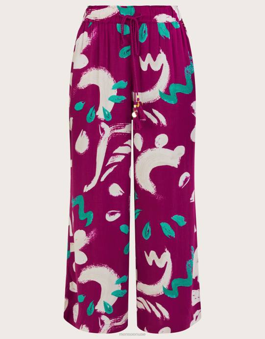 Monsoon نحيف بنطال واسع الأرجل بطبعة فرشاة مجردة D68H805 ملابس وردي غامق