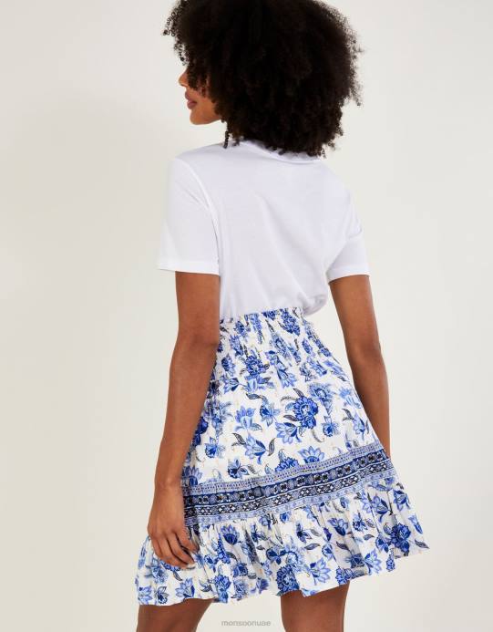 Monsoon نحيف تنورة قصيرة برباط خصر وطبعة زهور D68H807 ملابس أزرق