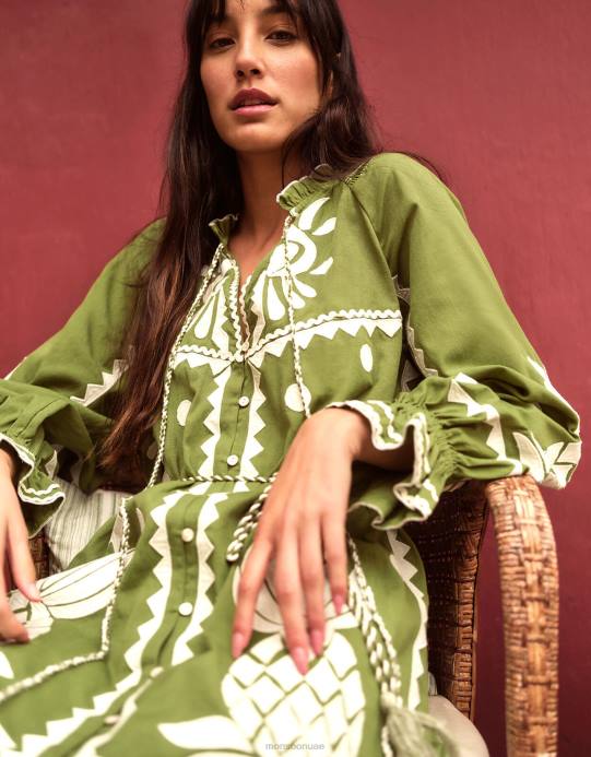 Monsoon نحيف فستان مطرز على شكل أناناس من مزيج الكتان D68H809 ملابس أخضر