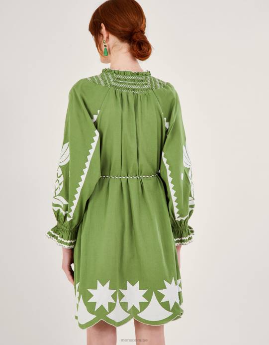 Monsoon نحيف فستان مطرز على شكل أناناس من مزيج الكتان D68H809 ملابس أخضر