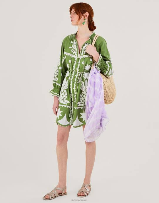 Monsoon نحيف فستان مطرز على شكل أناناس من مزيج الكتان D68H809 ملابس أخضر