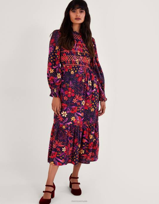 Monsoon نحيف فستان سموك الأزهار D68H80 ملابس الأزرق الداكن)