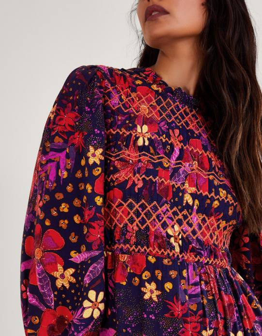 Monsoon نحيف فستان سموك الأزهار D68H80 ملابس الأزرق الداكن)