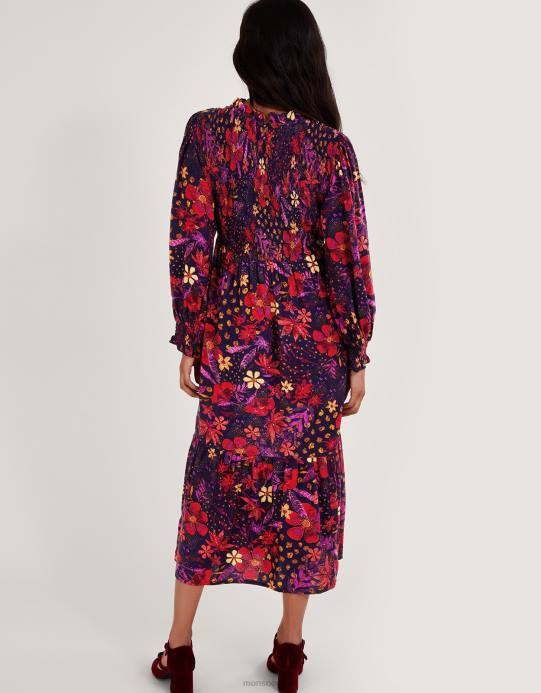 Monsoon نحيف فستان سموك الأزهار D68H80 ملابس الأزرق الداكن)