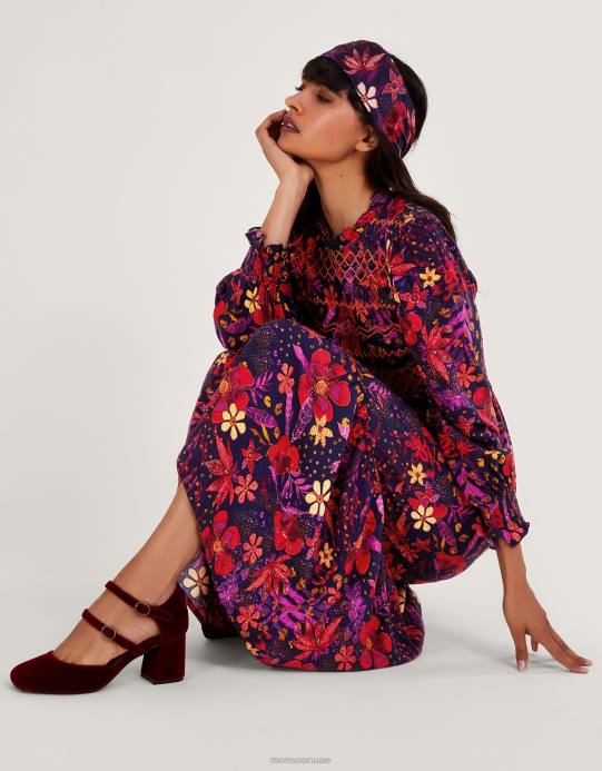 Monsoon نحيف فستان سموك الأزهار D68H80 ملابس الأزرق الداكن)