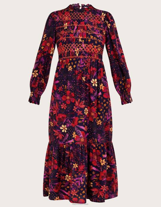 Monsoon نحيف فستان سموك الأزهار D68H80 ملابس الأزرق الداكن)