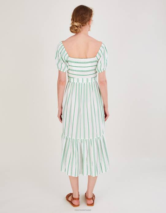 Monsoon نحيف فستان بطبقات من قماش الجاكار المخطط وحزام مع لينزينغ إيكوفيرو D68H812 ملابس أخضر