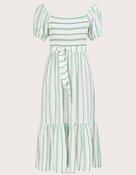 Monsoon نحيف فستان بطبقات من قماش الجاكار المخطط وحزام مع لينزينغ إيكوفيرو D68H812 ملابس أخضر