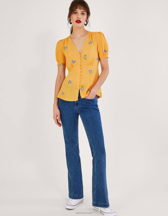 Monsoon نحيف بلوزة شاي مطرزة من قماش الفيسكوز المستدام D68H814 ملابس أصفر